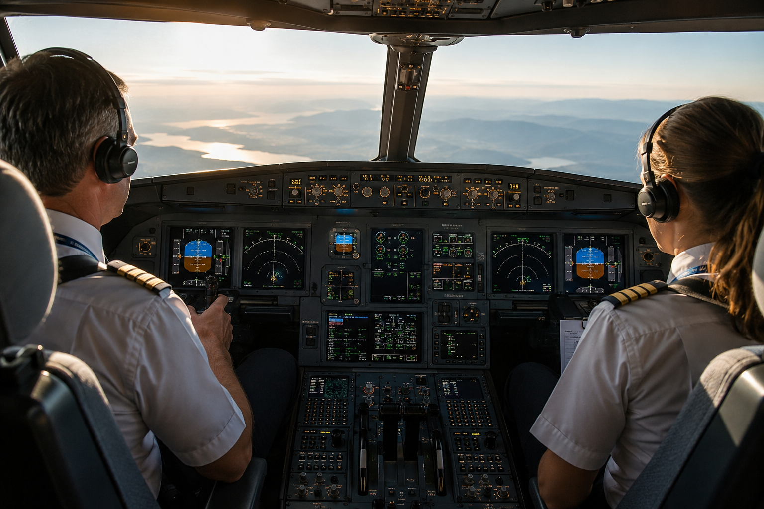 Commercial airline pilots monitoring advanced automated flight systems during a daytime flight.