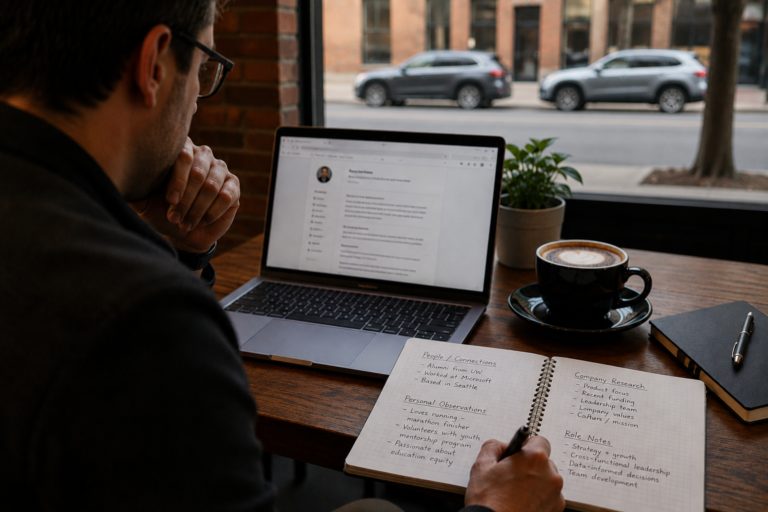 Professional researching a company and writing a personalized networking message after submitting a job application.
