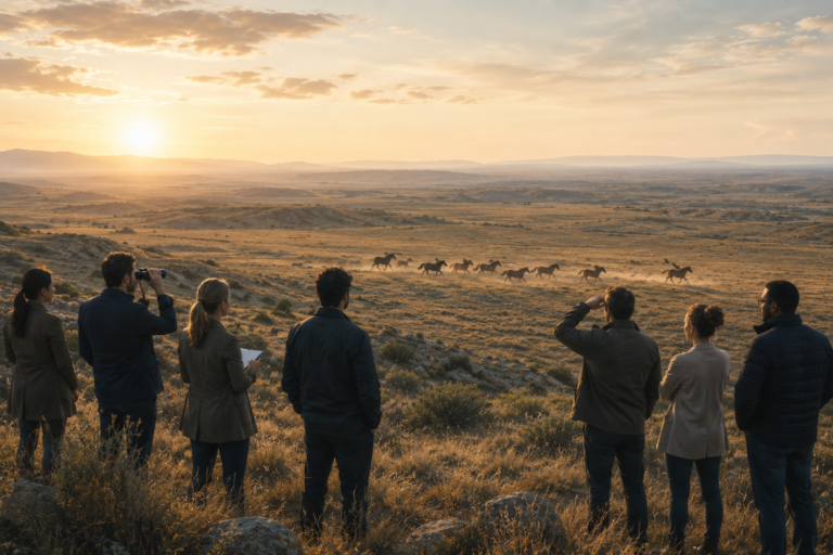 A group of people overlooks a herd of horses moving across an expansive landscape at sunset.