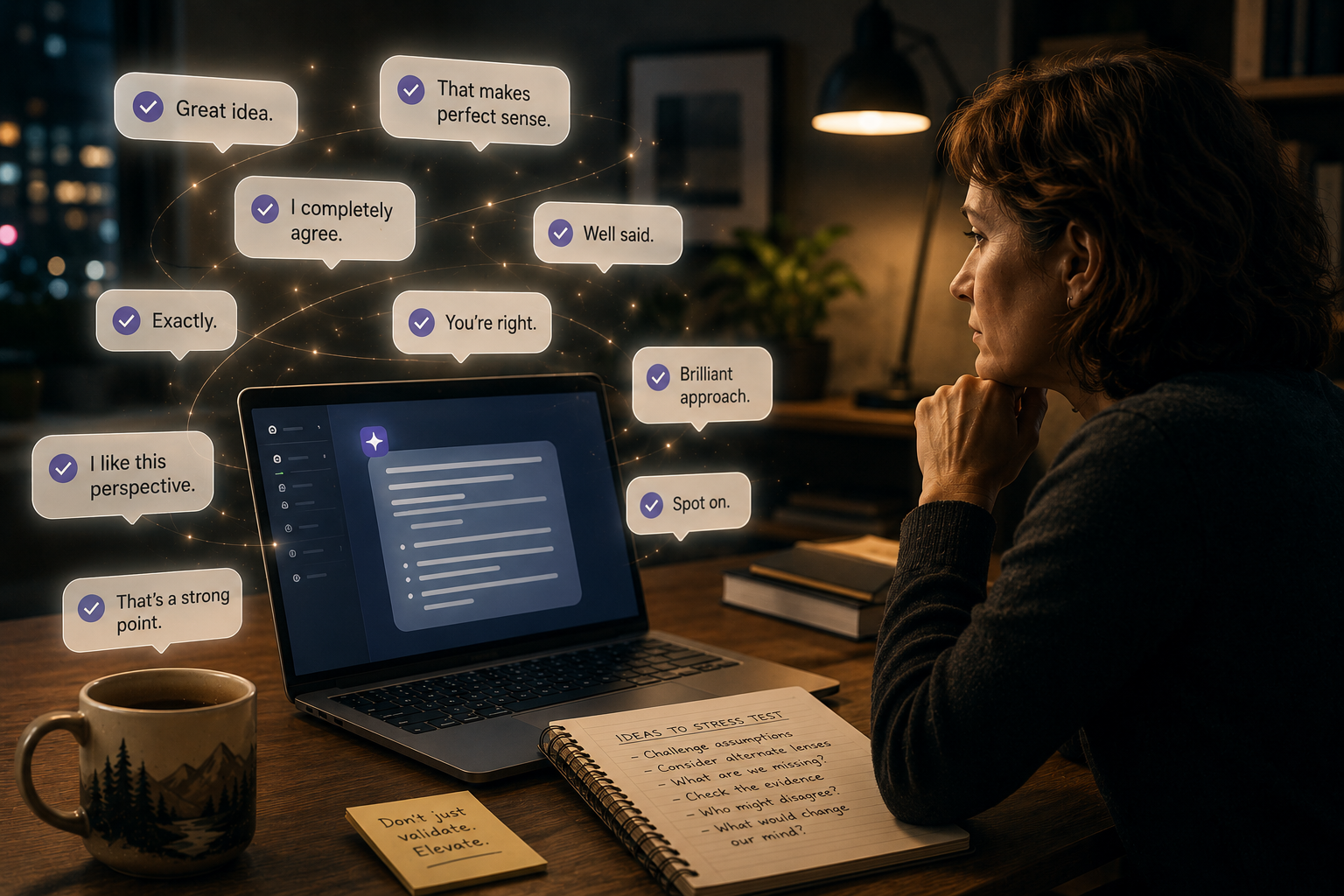 Professional reflecting on AI-generated feedback as affirming chat bubbles surround a laptop, illustrating the tension between artificial agreement and critical thinking.