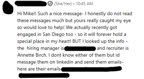 Redacted LinkedIn message from a recruiter responding to a personalized outreach note and offering guidance related to a job application.