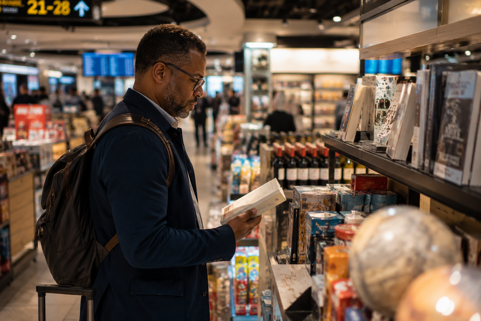 A traveler pauses in an airport retail store, thoughtfully looking at a career book while browsing shelves of books and travel essentials.