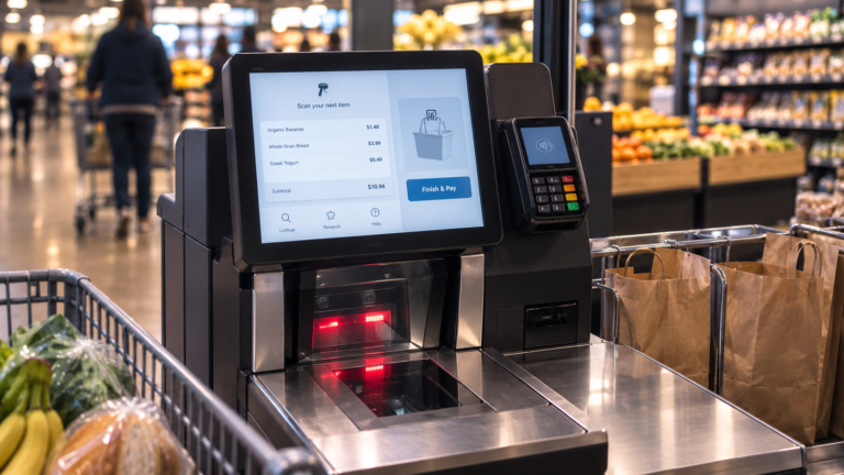 A grocery-store self-checkout station with a touchscreen, barcode scanner, card reader, bagging area, and a cart of groceries in the foreground.