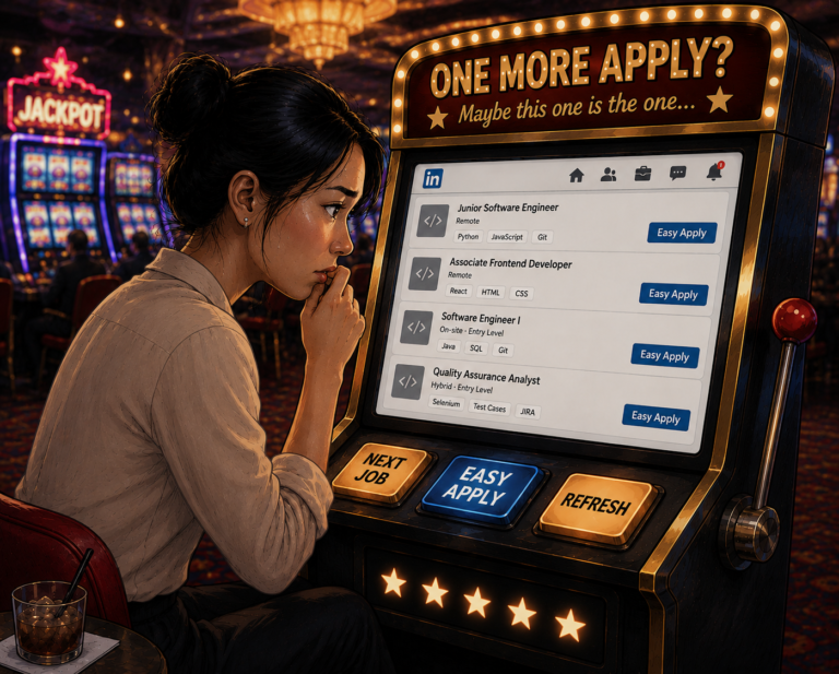 Illustration of a woman at a casino slot machine displaying job listings with Easy Apply buttons.