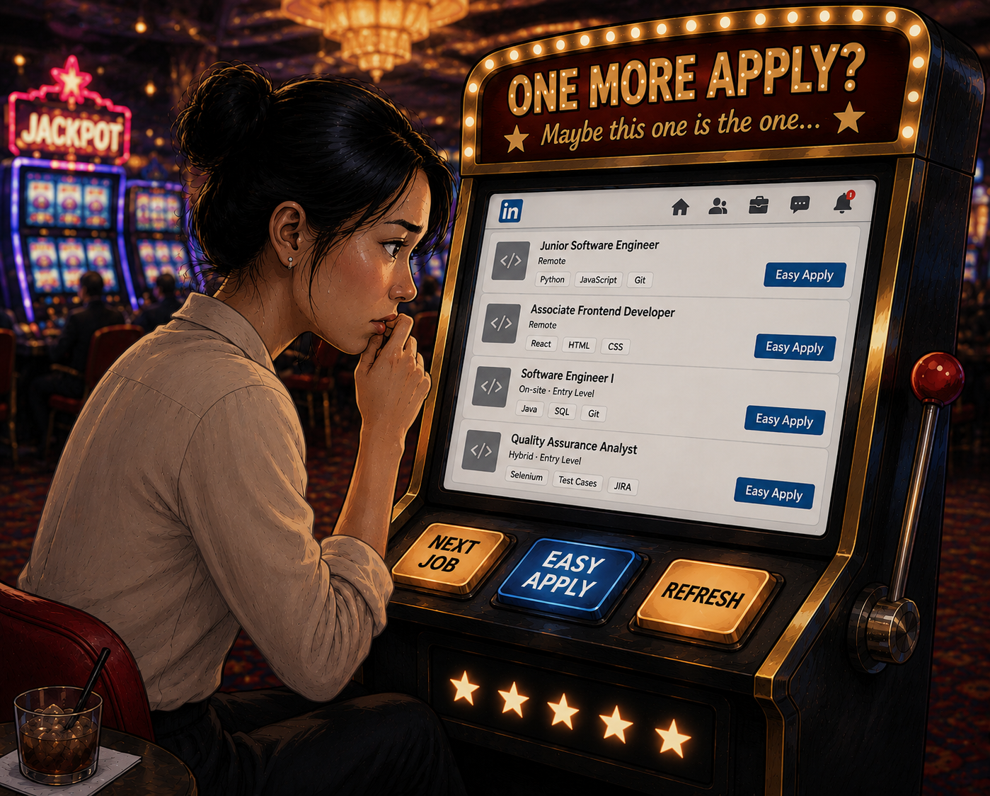 Illustration of a woman at a casino slot machine displaying job listings with Easy Apply buttons.
