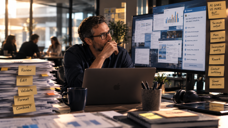 A professional sits at a desk surrounded by AI-generated documents, review notes, and multiple screens showing a growing volume of unfinished work.