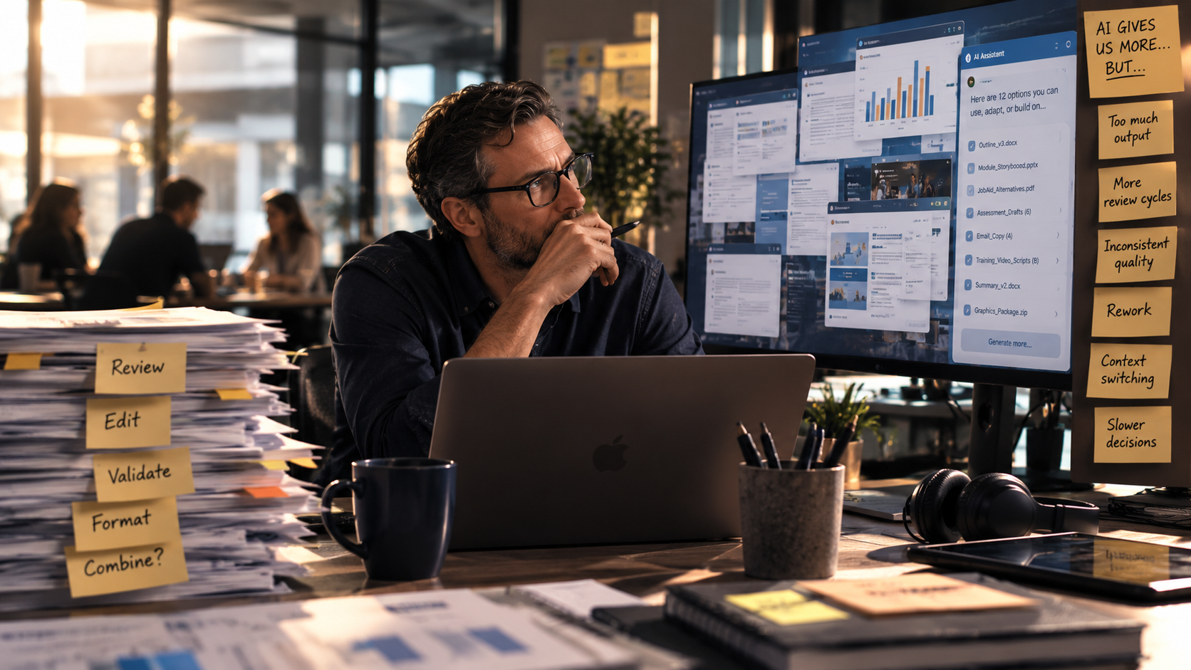A professional sits at a desk surrounded by AI-generated documents, review notes, and multiple screens showing a growing volume of unfinished work.